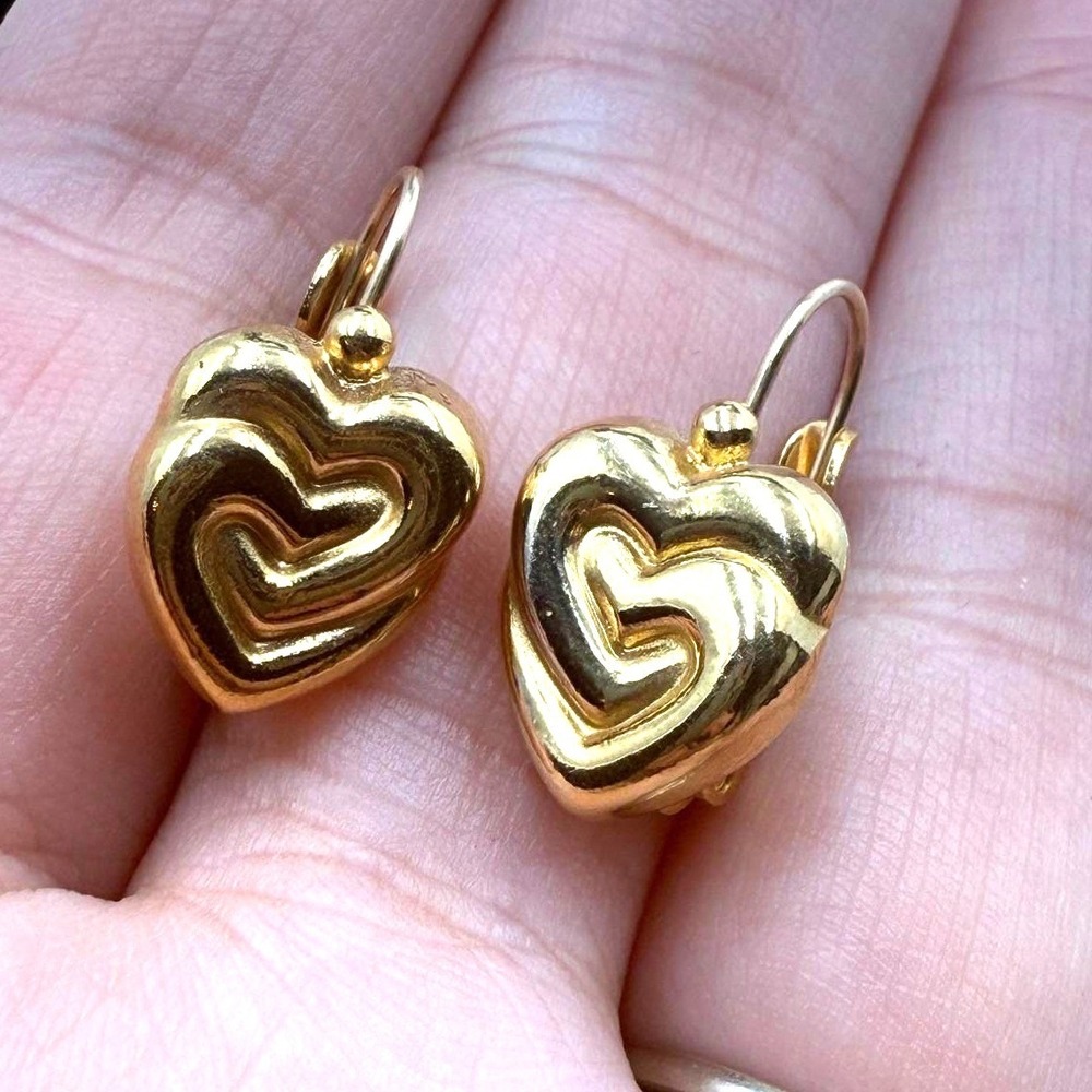 Vintage Gold Tone Puffy Heart Leverback Earrings Interlocking Swirl Design Kids